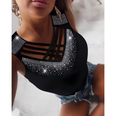 Jacquard Halter Lace Trim Sleeveless Tank Casual Slim Fit Knit Top