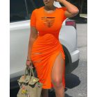 Ladder Cut Out Hollow Out Ruched Slit Bodycon Dress Side Slit Drawstring Club Party Short Sleeve Midi Dresses
