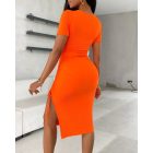 Ladder Cut Out Hollow Out Ruched Slit Bodycon Dress Side Slit Drawstring Club Party Short Sleeve Midi Dresses