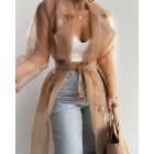 Sheer Mesh Long Sleeve Transparent Jacket Coat Buttoned Longline Trench Coat with Belt