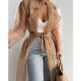   Sheer Mesh Long Sleeve Transparent Jacket Coat Buttoned Longline Trench Coat with Belt