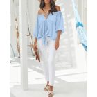 Jacquard Polka Dot Off the Shoulder Long Sleeve Top Casual Tied Detail Tied Detail Blouse