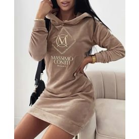 Letter Embroidery Velvet Hooded Sweatshirt Dress