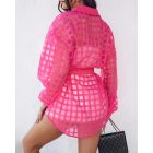 Plaid Turn-down Collar Sheer Mesh Long Sleeve Tied Detail Shirt Dress  Mini Dress with Belt