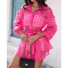 Plaid Turn-down Collar Sheer Mesh Long Sleeve Tied Detail Shirt Dress  Mini Dress with Belt