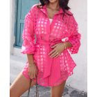 Plaid Turn-down Collar Sheer Mesh Long Sleeve Tied Detail Shirt Dress  Mini Dress with Belt