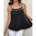 Square Neck Spaghetti Strap Colorful Tassel Decor Tank Casual Loose Fit Top
