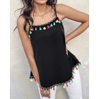 Square Neck Spaghetti Strap Colorful Tassel Decor Tank Casual Loose Fit Top