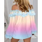 All Over Print Off Shoulder Lantern Sleeve Frill Hem Blouse Casual Top
