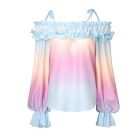 All Over Print Off Shoulder Lantern Sleeve Frill Hem Blouse Casual Top