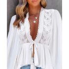 Plunge Lantern Sleeve Lace Patch Tied Detail Top