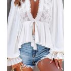 Plunge Lantern Sleeve Lace Patch Tied Detail Top