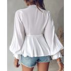 Plunge Lantern Sleeve Lace Patch Tied Detail Top