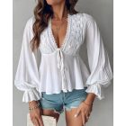 Plunge Lantern Sleeve Lace Patch Tied Detail Top