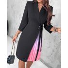Ombre Long Sleeve Work Dress Wrap V Neck Pleated A Line Tie Waist Mini Blazer Dress
