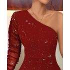 Floral Pattern Contrast Sequin One Shoulder Bodycon Dress