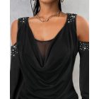 Rhinestone Cold Shoulder Sheer Mesh Patch Top