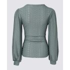 V-Neck Eyelet Hollow-out Ruched Lantern Sleeve Tee Casual Top