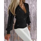 Contrast Sequin Sheer Mesh Patch Lantern Sleeve Top