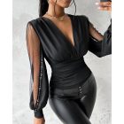 Plunge Sheer Mesh Patch Rhinestone Top