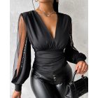 Plunge Sheer Mesh Patch Rhinestone Top