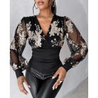 Floral Embroidery V-Neck Sheer Mesh Cinched Waist Blouse Casual Top