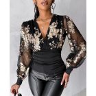 Floral Embroidery V-Neck Sheer Mesh Cinched Waist Blouse Casual Top