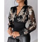 Floral Embroidery V-Neck Sheer Mesh Cinched Waist Blouse Casual Top