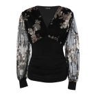 Floral Embroidery V-Neck Sheer Mesh Cinched Waist Blouse Casual Top
