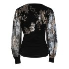 Floral Embroidery V-Neck Sheer Mesh Cinched Waist Blouse Casual Top