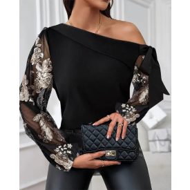   Sequin Floral Pattern Skew Neck Blouse See Through Mesh Patch Tied Detail Pullover Top
