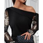 Sequin Floral Pattern Skew Neck Blouse See Through Mesh Patch Tied Detail Pullover Top
