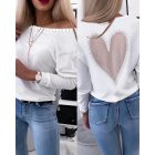 Heart Pattern Sheer Mesh Round Neck Long Sleeve Beaded Sheer Mesh Tee Casual Top