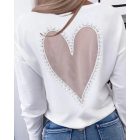 Heart Pattern Sheer Mesh Round Neck Long Sleeve Beaded Sheer Mesh Tee Casual Top
