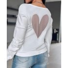 Heart Pattern Sheer Mesh Round Neck Long Sleeve Beaded Sheer Mesh Tee Casual Top