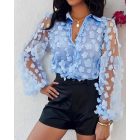Floral Pattern Sheer Mesh Lantern Sleeve Top
