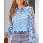 Floral Pattern Sheer Mesh Lantern Sleeve Top