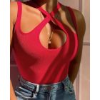 Criss Cross Asymmetrical Neck Ribbed Tank Top