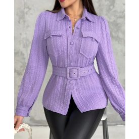 Textured Buttoned Flap Detail Puff Sleeve Top With Waistbelt