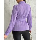 Textured Buttoned Flap Detail Puff Sleeve Top With Waistbelt