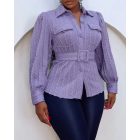 Textured Buttoned Flap Detail Puff Sleeve Top With Waistbelt