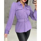 Textured Buttoned Flap Detail Puff Sleeve Top With Waistbelt