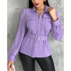 Textured Buttoned Flap Detail Puff Sleeve Top With Waistbelt
