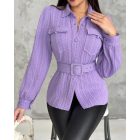 Textured Buttoned Flap Detail Puff Sleeve Top With Waistbelt