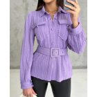 Textured Buttoned Flap Detail Puff Sleeve Top With Waistbelt