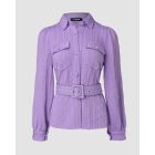 Textured Buttoned Flap Detail Puff Sleeve Top With Waistbelt