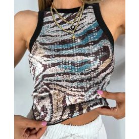   Contrast Sequin Leopard Pattern O-neck Sleeveless Tank Tops Slim Fitted Shirt