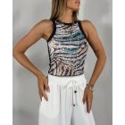 Contrast Sequin Leopard Pattern O-neck Sleeveless Tank Tops Slim Fitted Shirt