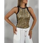 Glitter Lurex Allover Sequin O-Neck Sleeveless Slim Fit Tank Casual Tee
