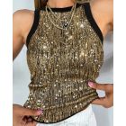 Glitter Lurex Allover Sequin O-Neck Sleeveless Slim Fit Tank Casual Tee